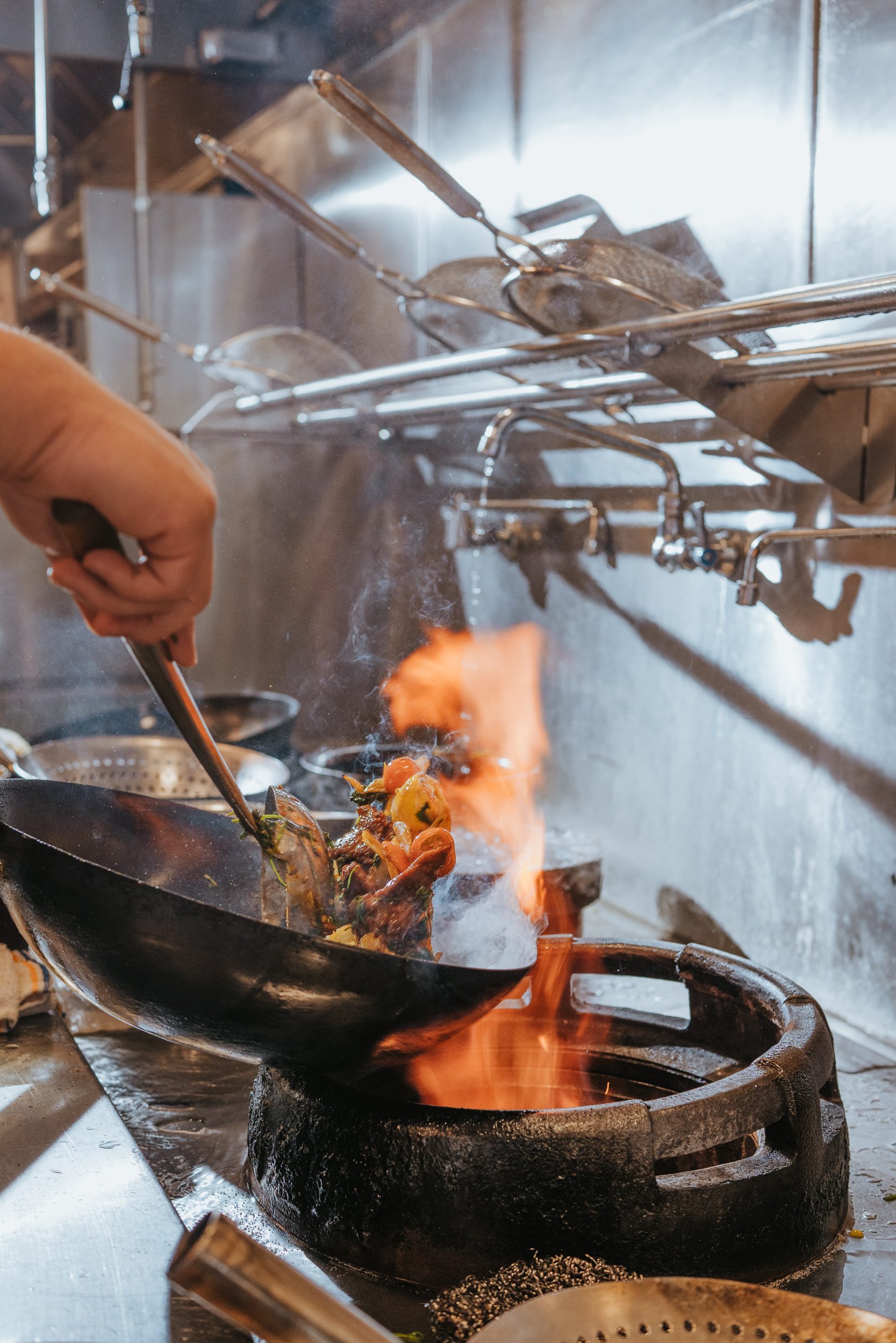 Wok fire in the open kitchen
